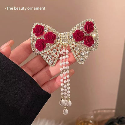 Rose Hair Claw Hairpin In Red Alloy, Elegant Floral Hair Accessory For Stylish Looks