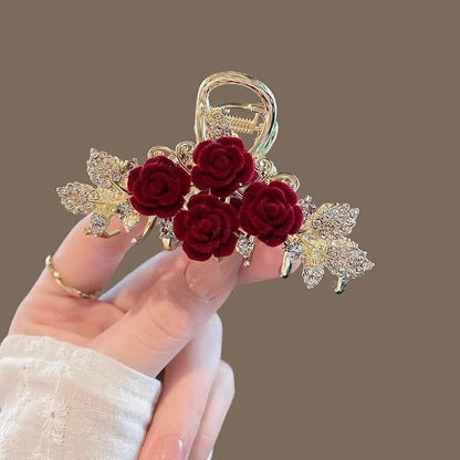 Rose Hair Claw Hairpin In Red Alloy, Elegant Floral Hair Accessory For Stylish Looks