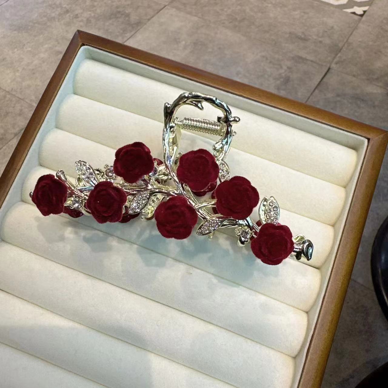Rose Hair Claw Hairpin In Red Alloy, Elegant Floral Hair Accessory For Stylish Looks