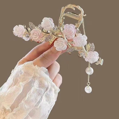 Rose Hair Claw Hairpin In Red Alloy, Elegant Floral Hair Accessory For Stylish Looks