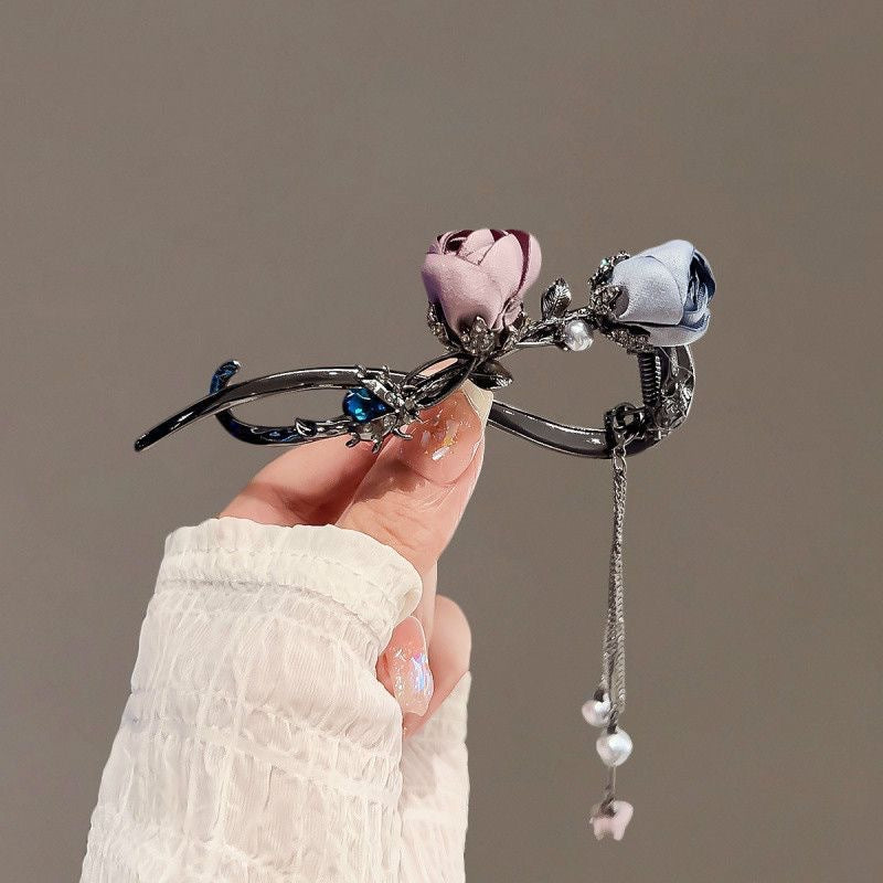 Rose Hair Claw Hairpin In Red Alloy, Elegant Floral Hair Accessory For Stylish Looks