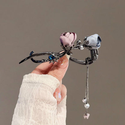 Rose Hair Claw Hairpin In Red Alloy, Elegant Floral Hair Accessory For Stylish Looks