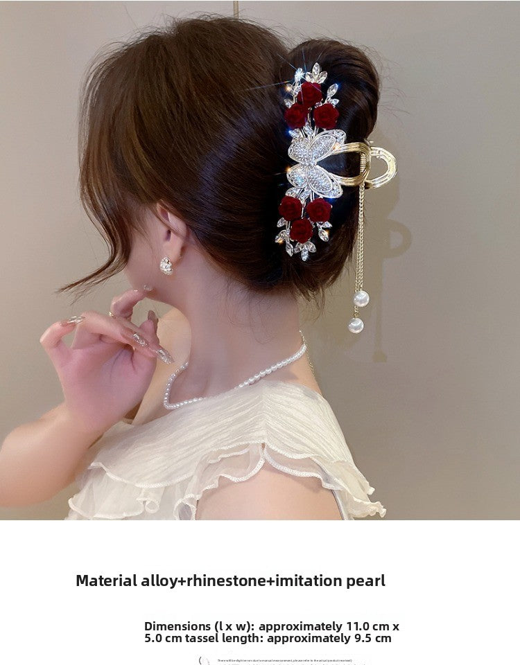 Rose Hair Claw Hairpin In Red Alloy, Elegant Floral Hair Accessory For Stylish Looks