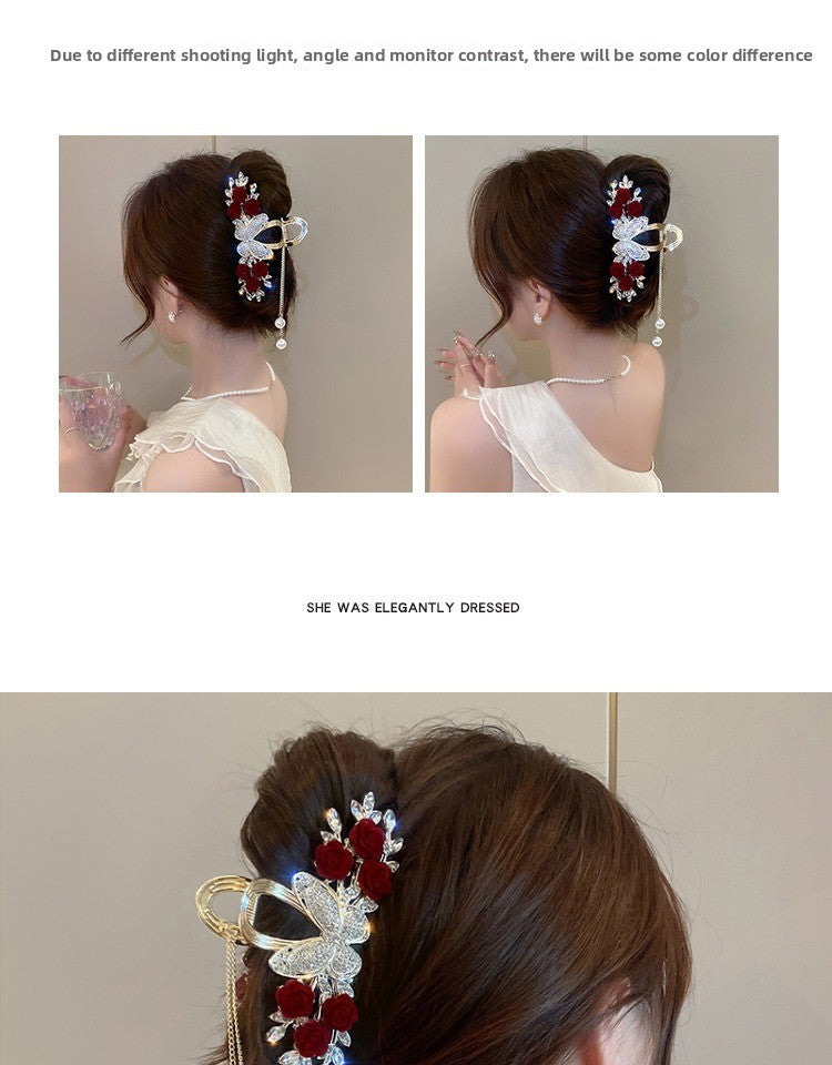 Rose Hair Claw Hairpin In Red Alloy, Elegant Floral Hair Accessory For Stylish Looks