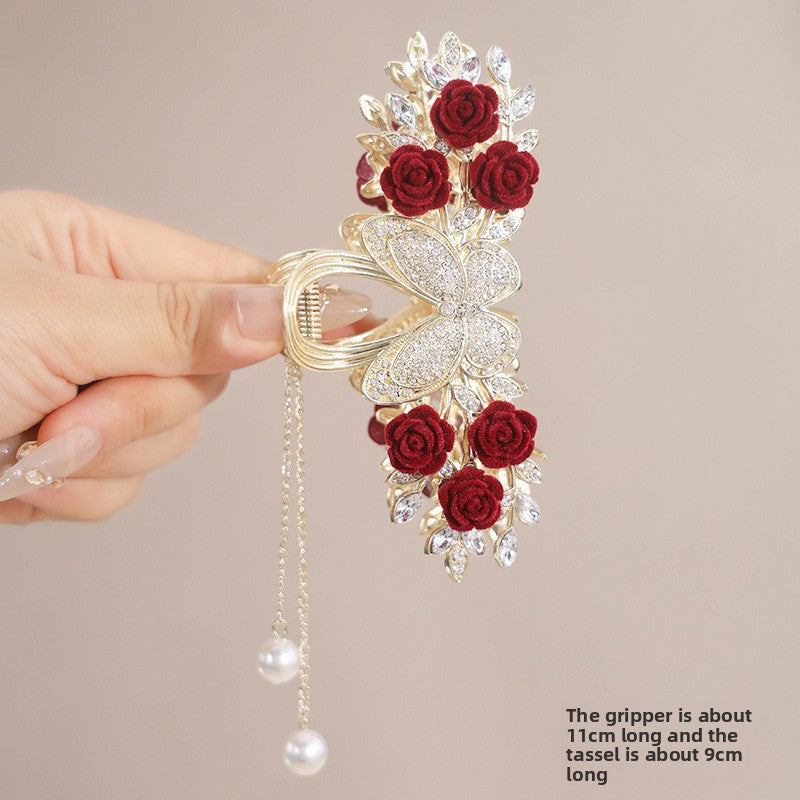 Rose Hair Claw Hairpin In Red Alloy, Elegant Floral Hair Accessory For Stylish Looks