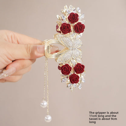 Rose Hair Claw Hairpin In Red Alloy, Elegant Floral Hair Accessory For Stylish Looks