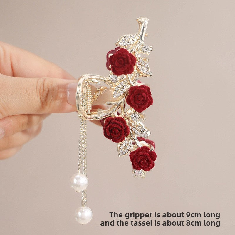 Rose Hair Claw Hairpin In Red Alloy, Elegant Floral Hair Accessory For Stylish Looks
