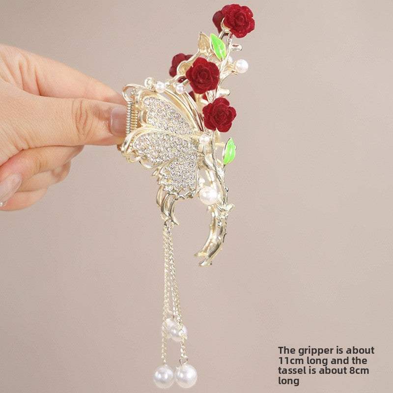 Rose Hair Claw Hairpin In Red Alloy, Elegant Floral Hair Accessory For Stylish Looks