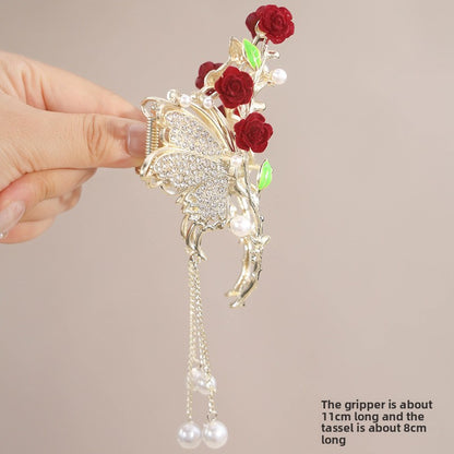 Rose Hair Claw Hairpin In Red Alloy, Elegant Floral Hair Accessory For Stylish Looks