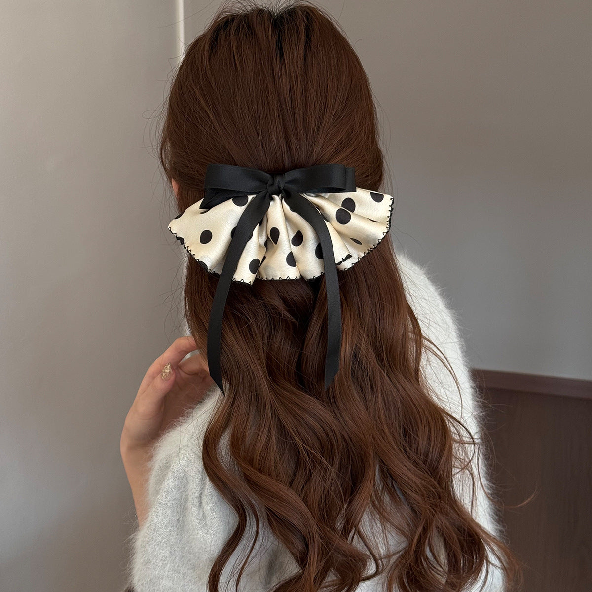 Polka Dots Satin Hairpin In Black, Stylish Hair Accessory For Elegant Looks