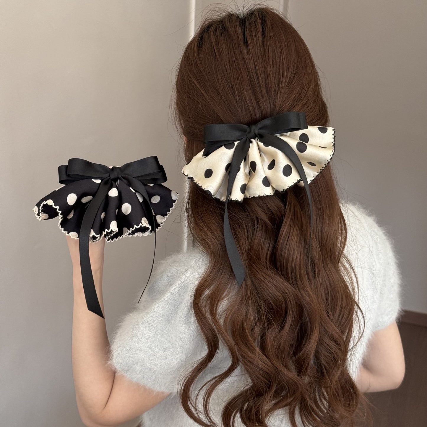 Polka Dots Satin Hairpin In Black, Stylish Hair Accessory For Elegant Looks