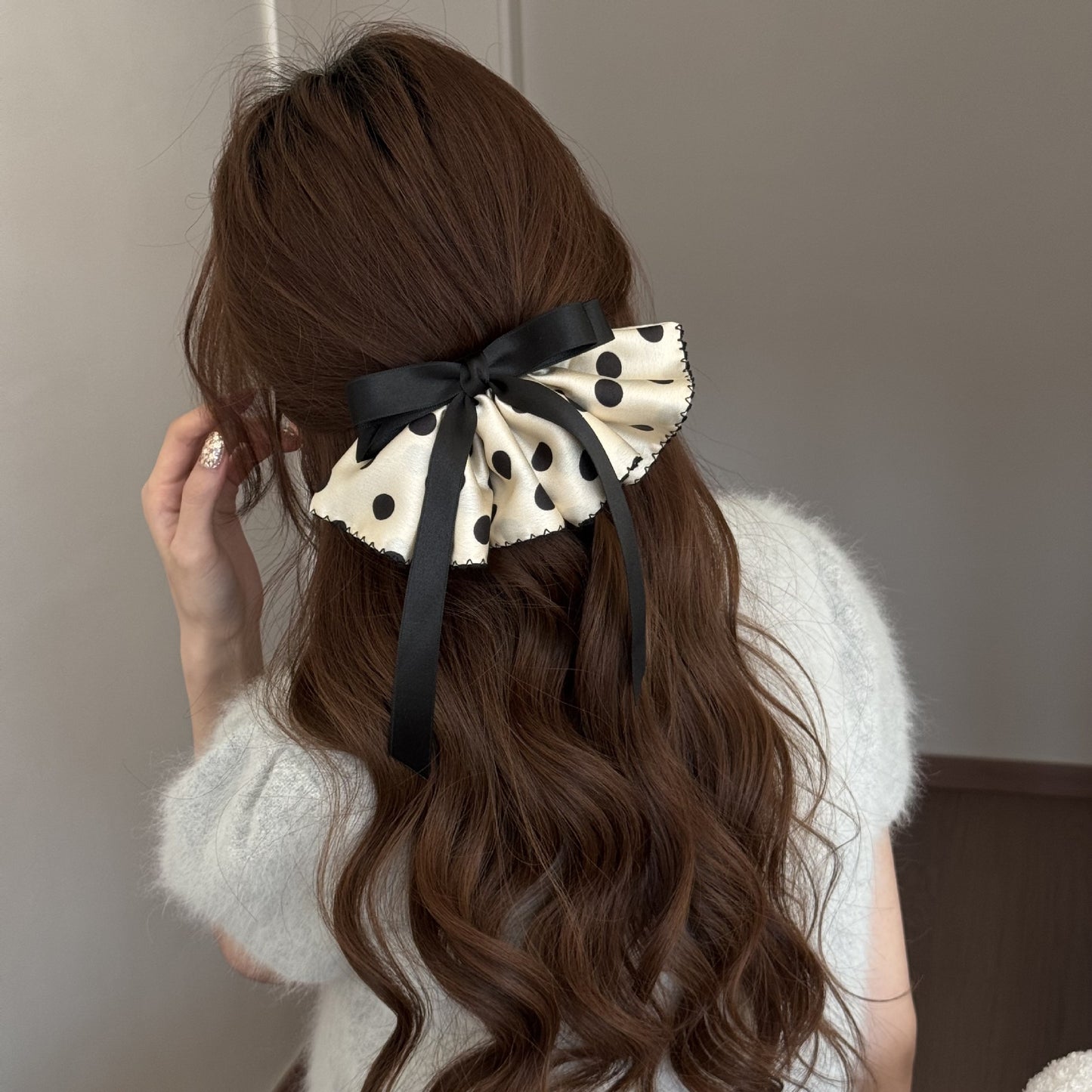 Polka Dots Satin Hairpin In Black, Stylish Hair Accessory For Elegant Looks
