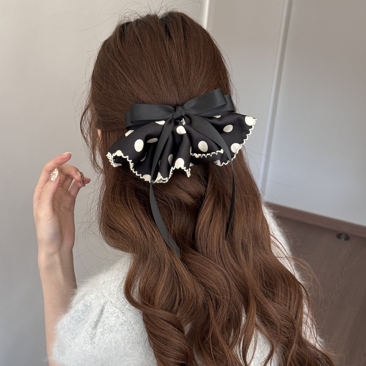 Polka Dots Satin Hairpin In Black, Stylish Hair Accessory For Elegant Looks