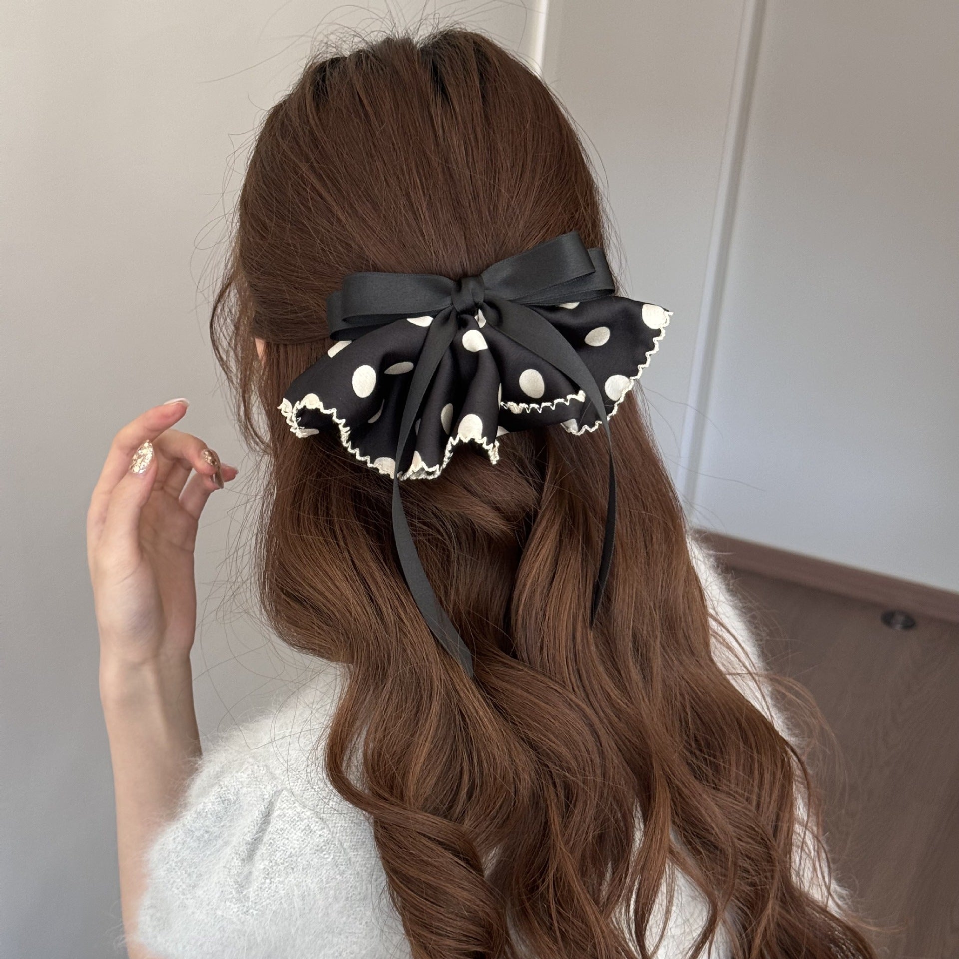 Polka Dots Satin Hairpin In Black, Stylish Hair Accessory For Elegant Looks