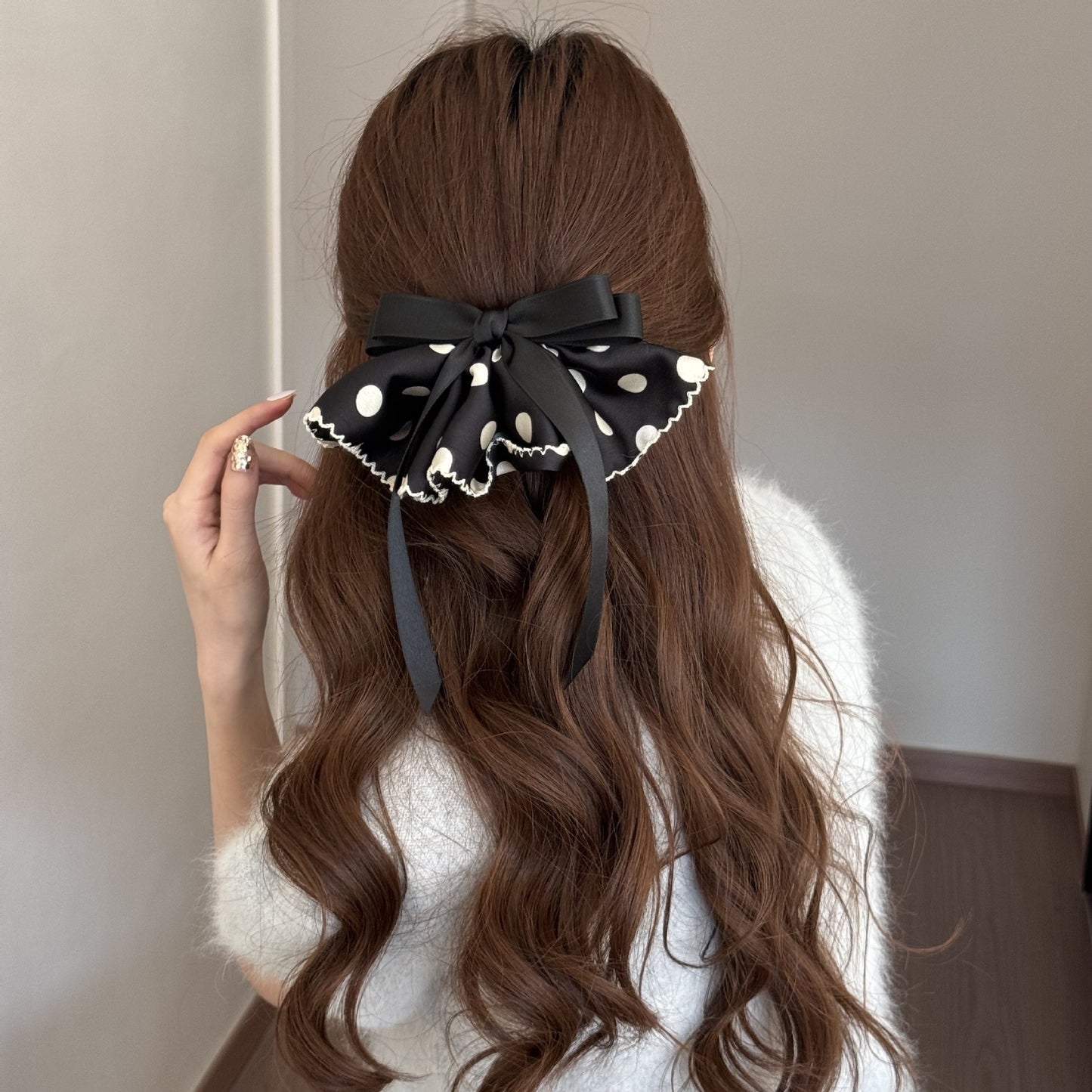 Polka Dots Satin Hairpin In Black, Stylish Hair Accessory For Elegant Looks