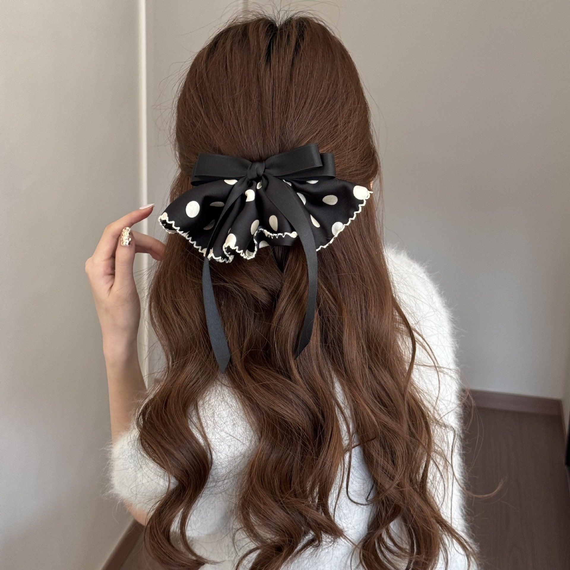 Polka Dots Satin Hairpin In Black, Stylish Hair Accessory For Elegant Looks