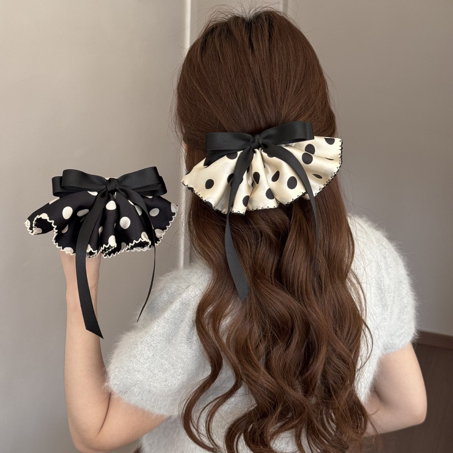 Polka Dots Satin Hairpin In Black, Stylish Hair Accessory For Elegant Looks