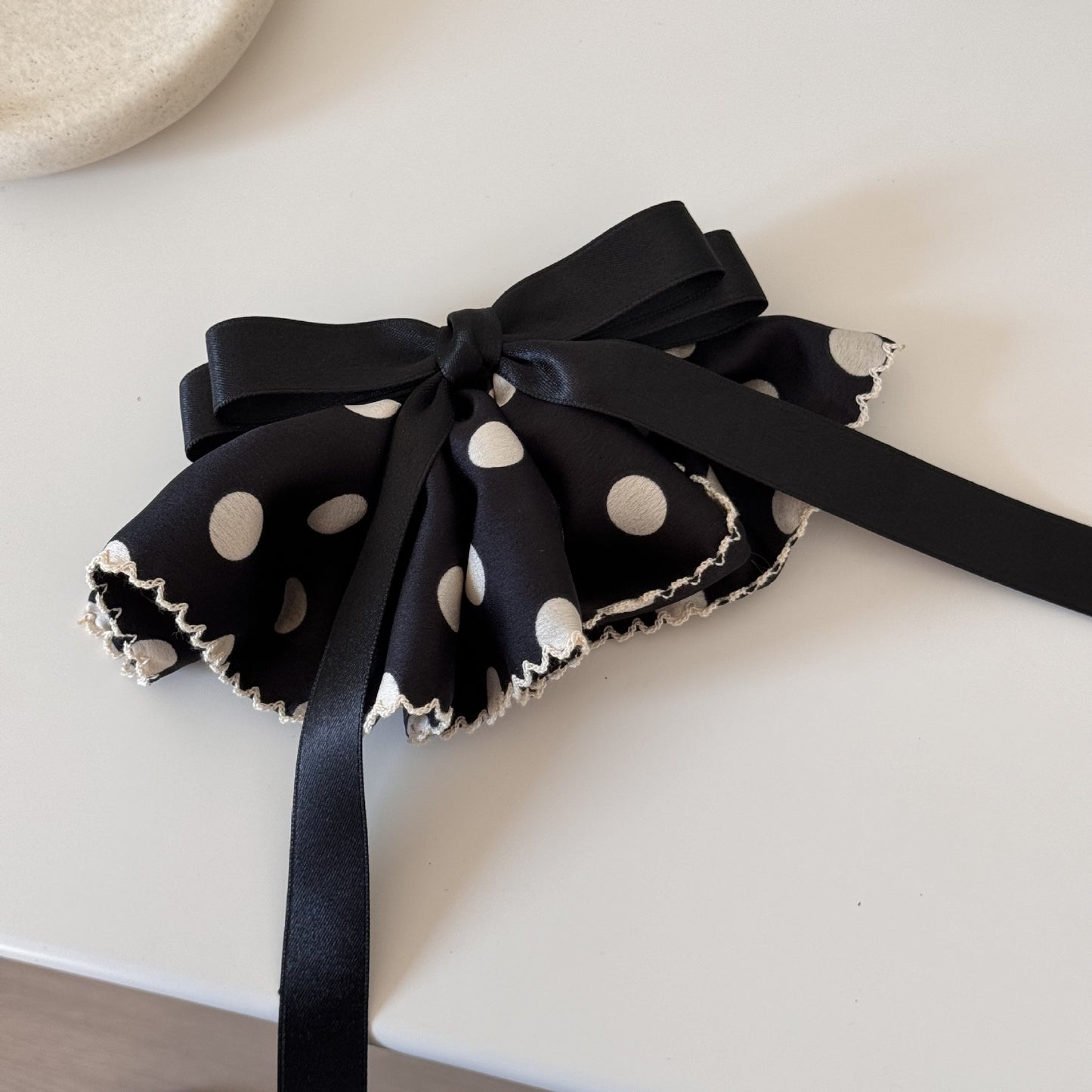 Polka Dots Satin Hairpin In Black, Stylish Hair Accessory For Elegant Looks