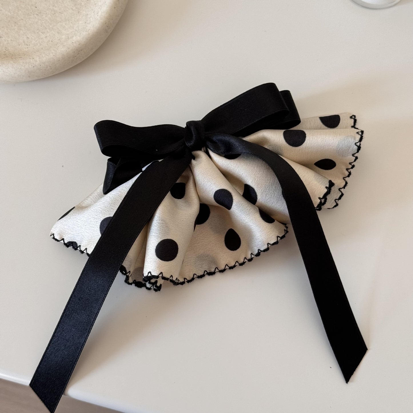 Polka Dots Satin Hairpin In Black, Stylish Hair Accessory For Elegant Looks