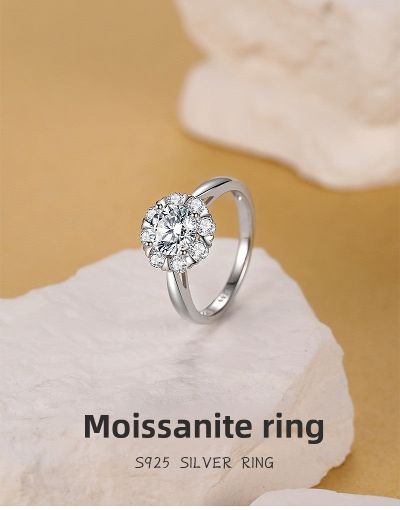 925 Sterling Silver Flowers Ring For Women Featuring Moissanite Inlay
