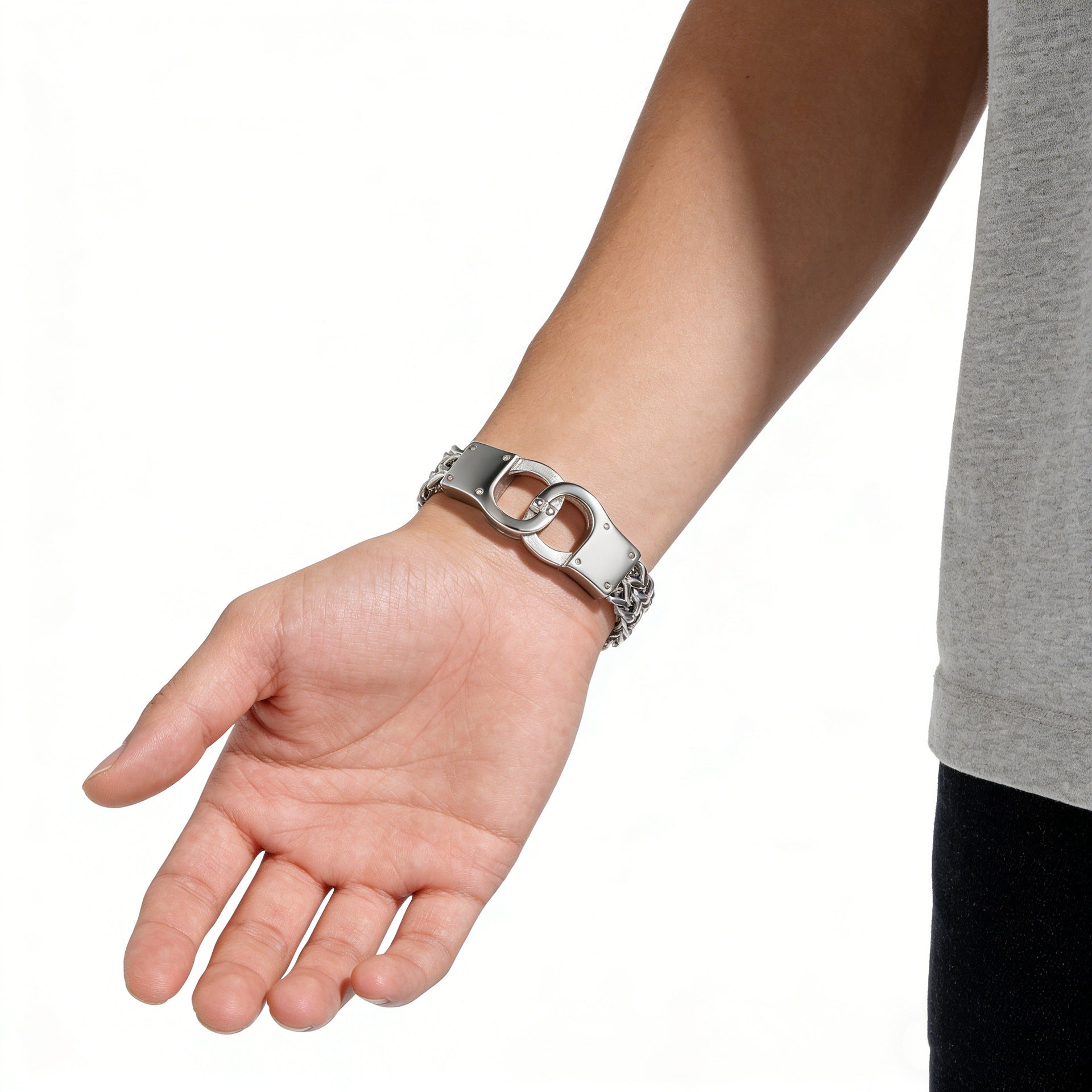 Men's Handcuffs Bracelet In Steel Color, Made Of Durable 304 Stainless Steel