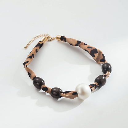 Leopard Print Sweater Chain Necklace For Maillard Style In Black