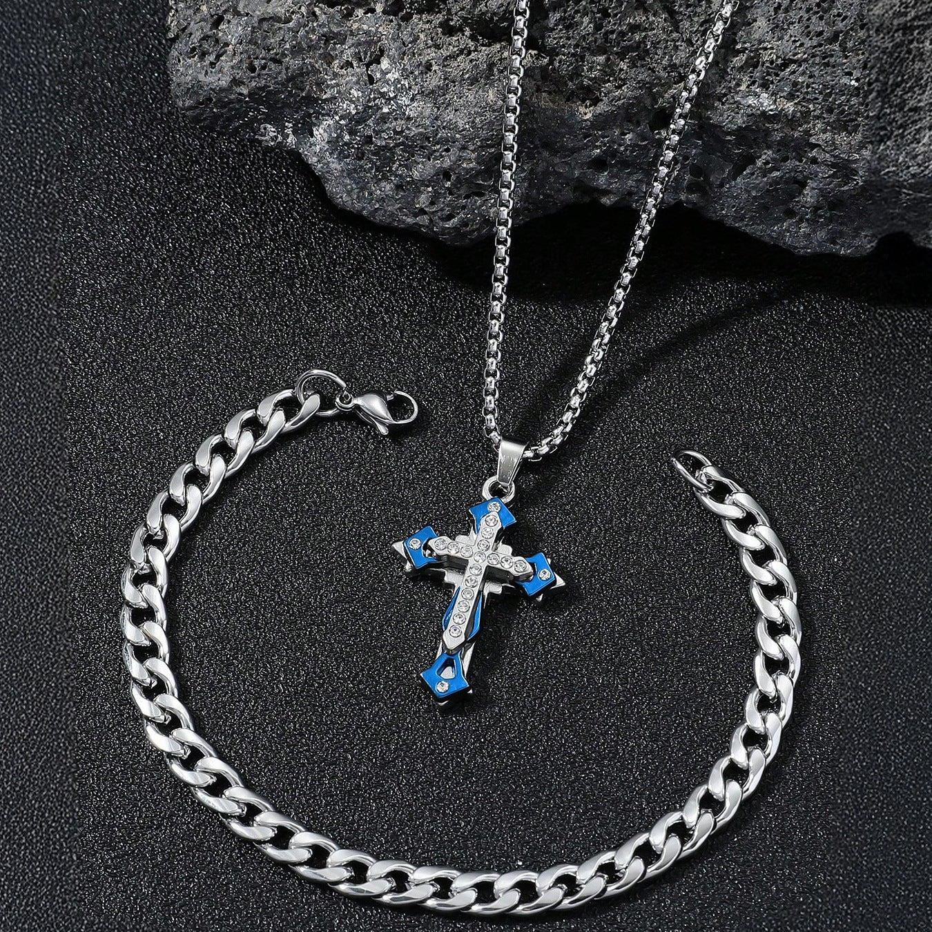 2 Pieces Blue Jewelry Set Featuring Cross Pattern With Artificial Diamond Inlay