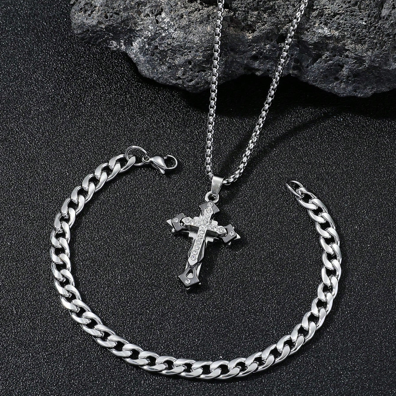 2 Pieces Blue Jewelry Set Featuring Cross Pattern With Artificial Diamond Inlay