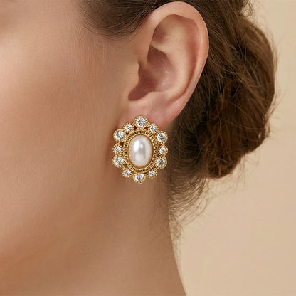 Flowers Stud Earrings For Women In 304 Stainless Steel With 18K Real Gold Plated And Zircon Inlay