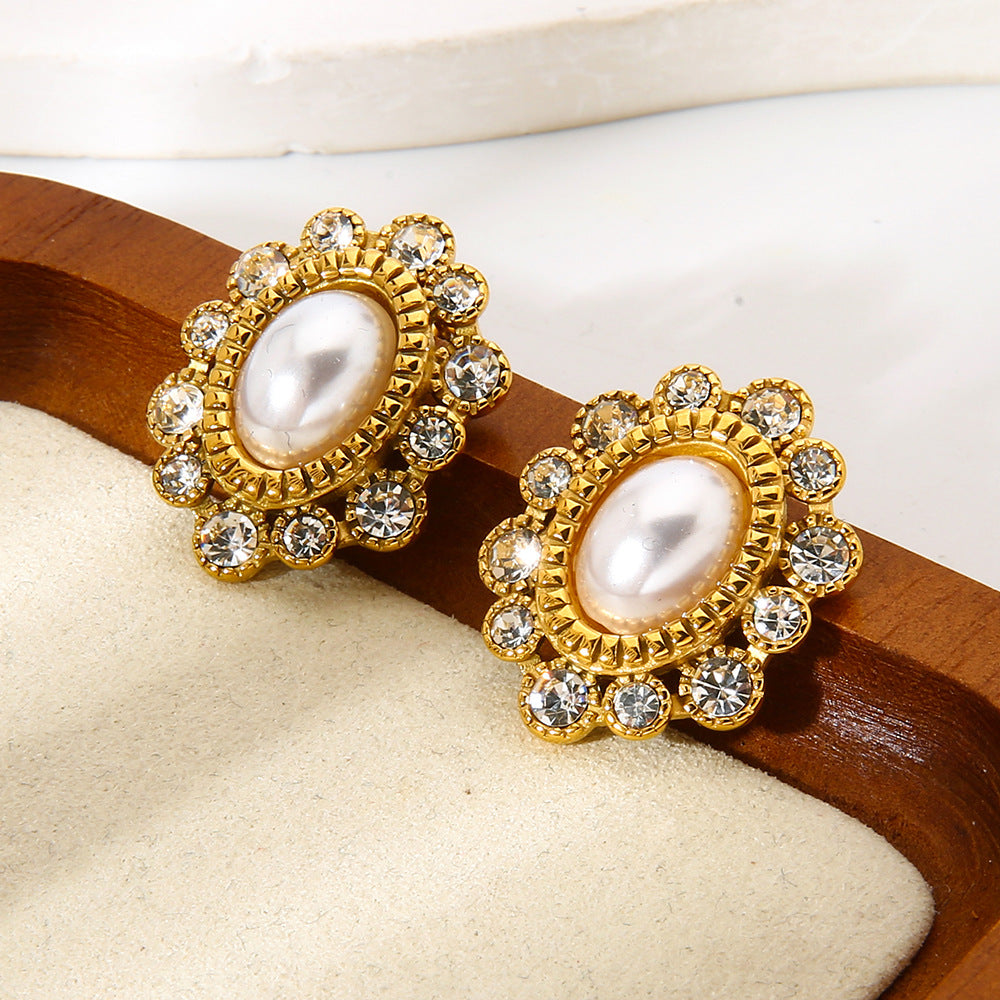 Flowers Stud Earrings For Women In 304 Stainless Steel With 18K Real Gold Plated And Zircon Inlay