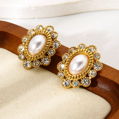 Flowers Stud Earrings For Women In 304 Stainless Steel With 18K Real Gold Plated And Zircon Inlay