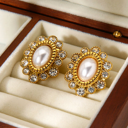 Flowers Stud Earrings For Women In 304 Stainless Steel With 18K Real Gold Plated And Zircon Inlay