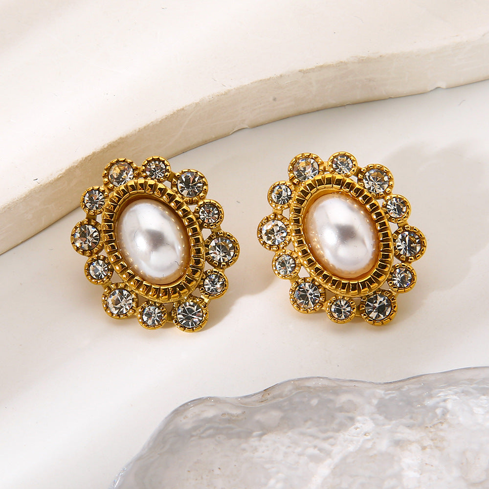 Flowers Stud Earrings For Women In 304 Stainless Steel With 18K Real Gold Plated And Zircon Inlay