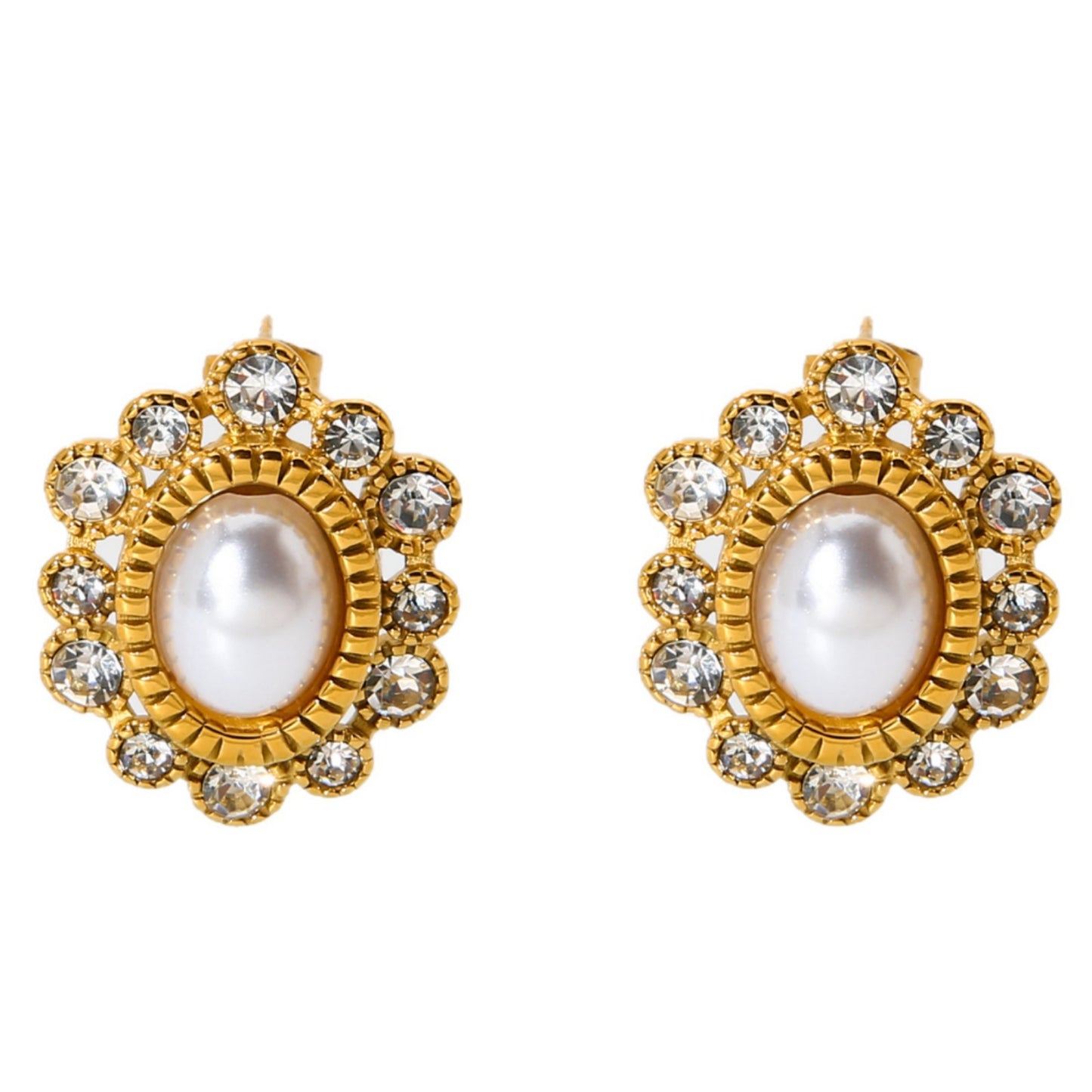 Flowers Stud Earrings For Women In 304 Stainless Steel With 18K Real Gold Plated And Zircon Inlay