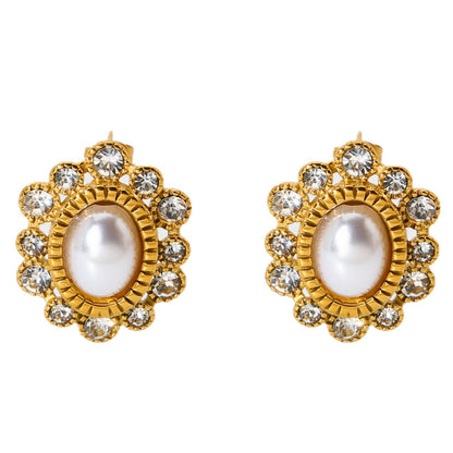 Flowers Stud Earrings For Women In 304 Stainless Steel With 18K Real Gold Plated And Zircon Inlay