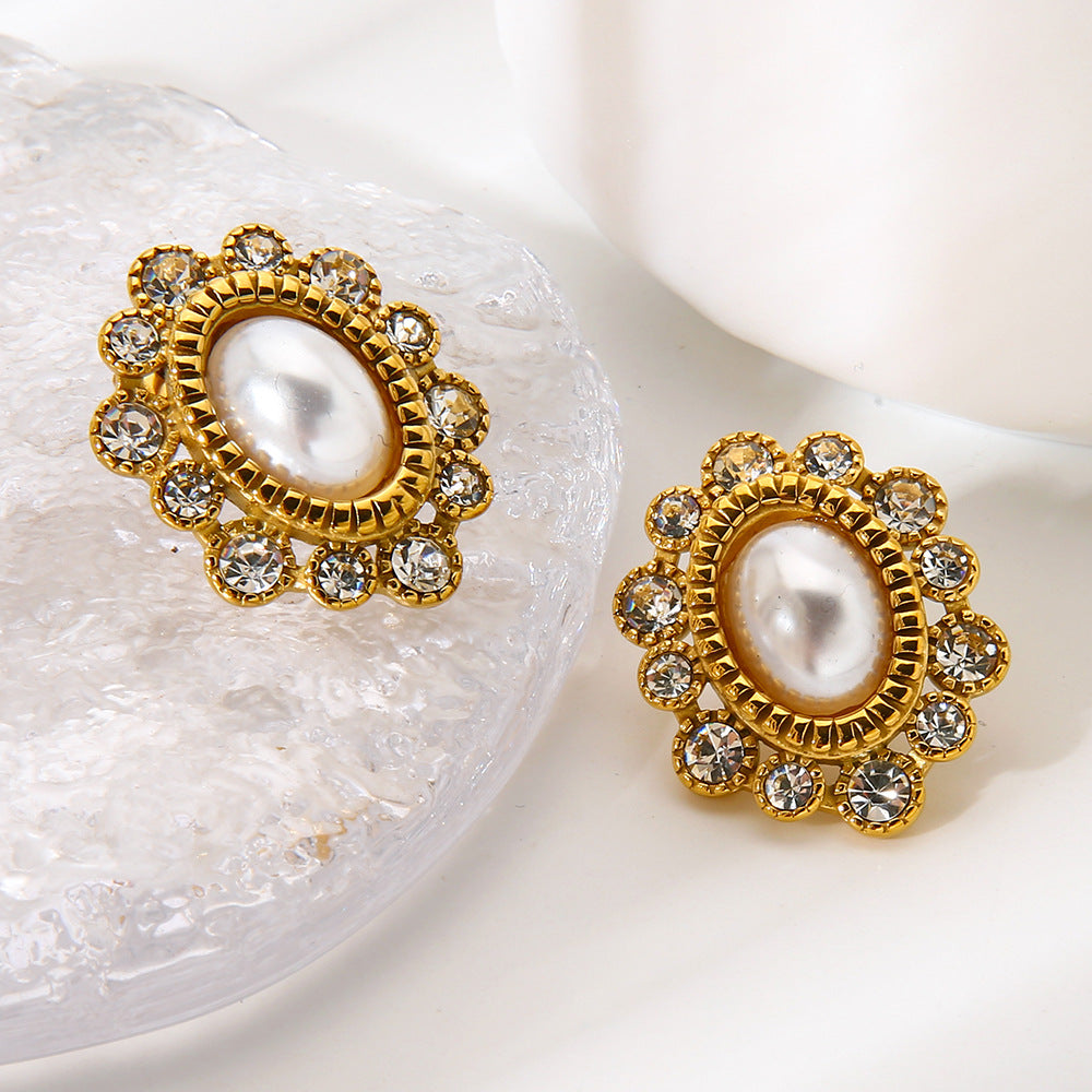 Flowers Stud Earrings For Women In 304 Stainless Steel With 18K Real Gold Plated And Zircon Inlay
