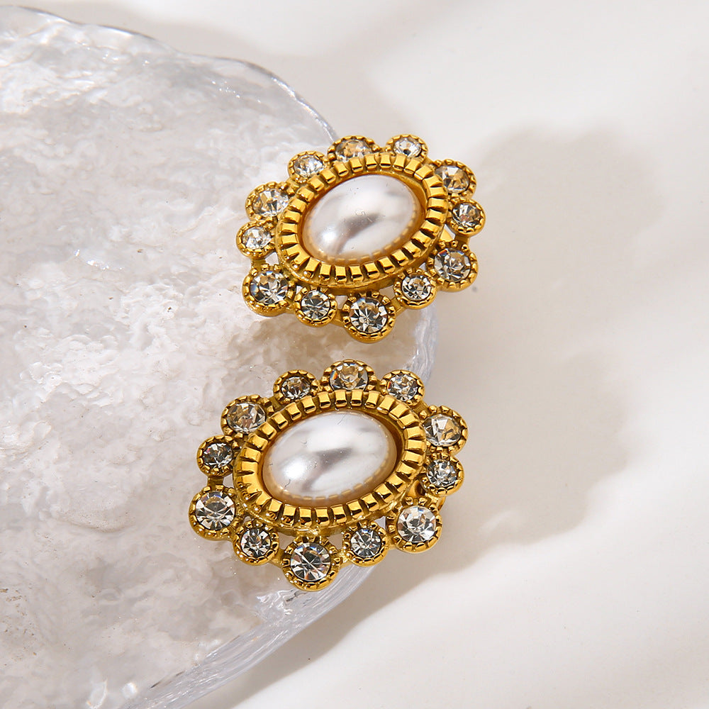 Flowers Stud Earrings For Women In 304 Stainless Steel With 18K Real Gold Plated And Zircon Inlay