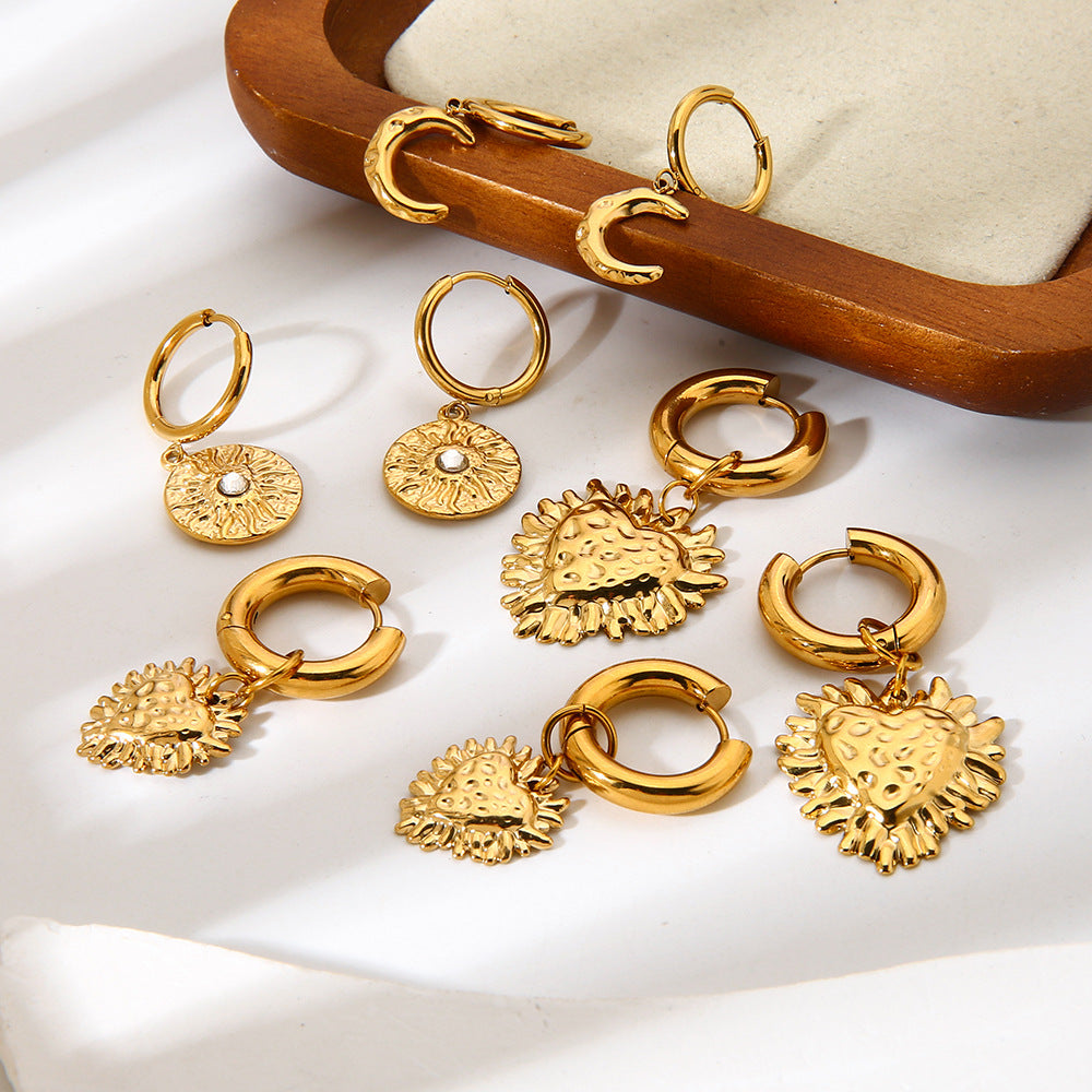 Moon Pattern Hammered Earrings For Women In 304 Stainless Steel With 18K Real Gold Plated Finish