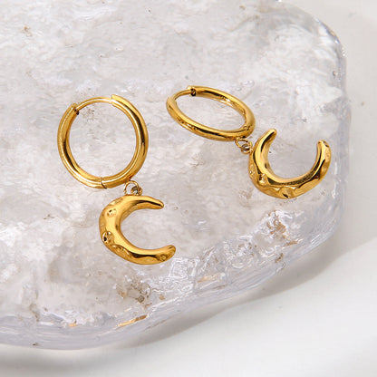 Moon Pattern Hammered Earrings For Women In 304 Stainless Steel With 18K Real Gold Plated Finish