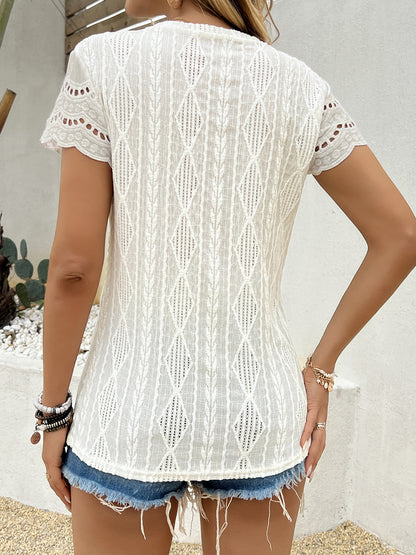 Solid Color Casual Short Sleeve T-shirt For Women In Polyester Fabric Featuring Jacquard Craft