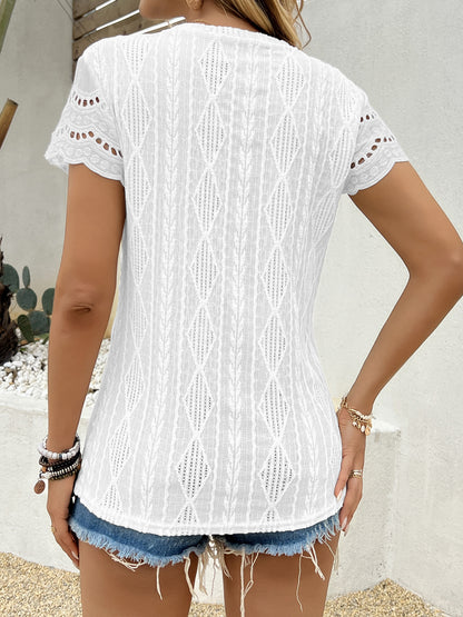 Solid Color Casual Short Sleeve T-shirt For Women In Polyester Fabric Featuring Jacquard Craft