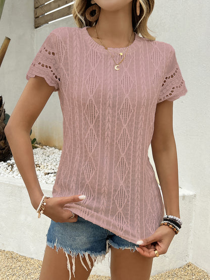 Solid Color Casual Short Sleeve T-shirt For Women In Polyester Fabric Featuring Jacquard Craft