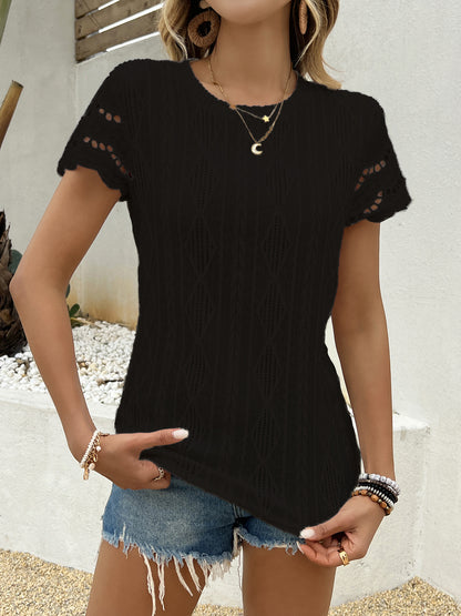 Solid Color Casual Short Sleeve T-shirt For Women In Polyester Fabric Featuring Jacquard Craft