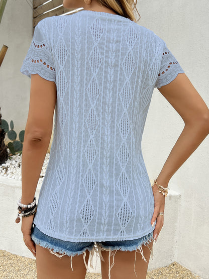 Solid Color Casual Short Sleeve T-shirt For Women In Polyester Fabric Featuring Jacquard Craft