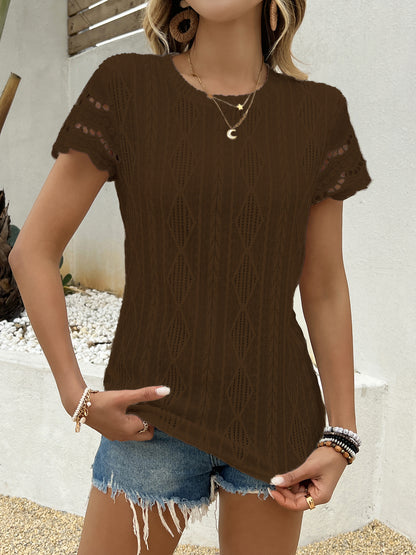 Solid Color Casual Short Sleeve T-shirt For Women In Polyester Fabric Featuring Jacquard Craft
