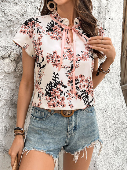 Casual Flowers Pattern Short Sleeve Polyester Shirt For Women With Printing And Standing Collar