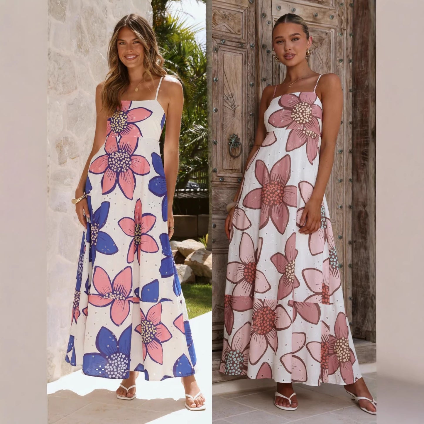 Plant Print Sleeveless Strap Dress With Boat Neck In Polyester, Vacation Style Maxi Long Dress