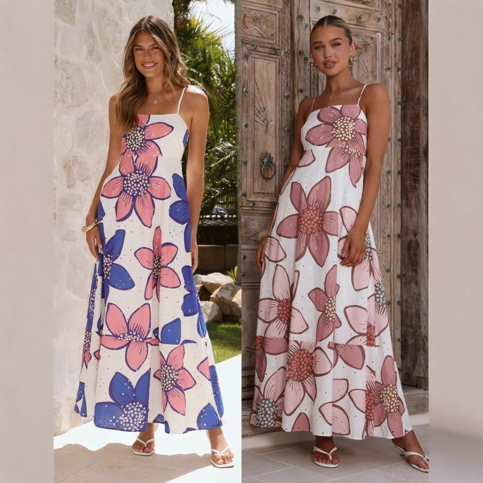 Plant Print Sleeveless Strap Dress With Boat Neck In Polyester, Vacation Style Maxi Long Dress