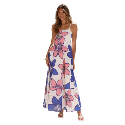 Plant Print Sleeveless Strap Dress With Boat Neck In Polyester, Vacation Style Maxi Long Dress