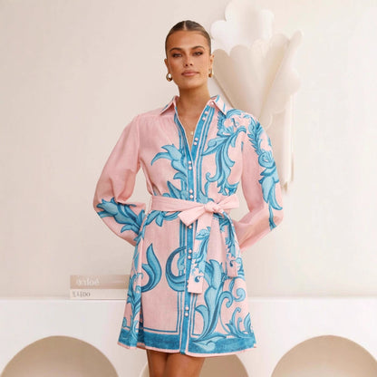 Long Sleeve Shirt Dress With Shirt Collar, Polyester Fabric, Above Knee Length, Featuring Printing Design